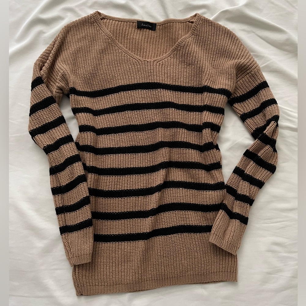 Women's V-Neck Sweater in Tan and Black Stripes